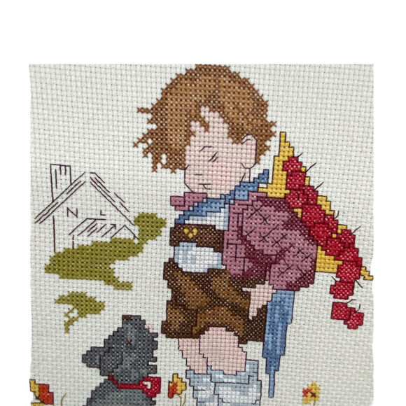 Boy And Dog Cross Stitch Vtg Handmade Multicolor Decorative Art 14"x12" - Picture 2 of 12